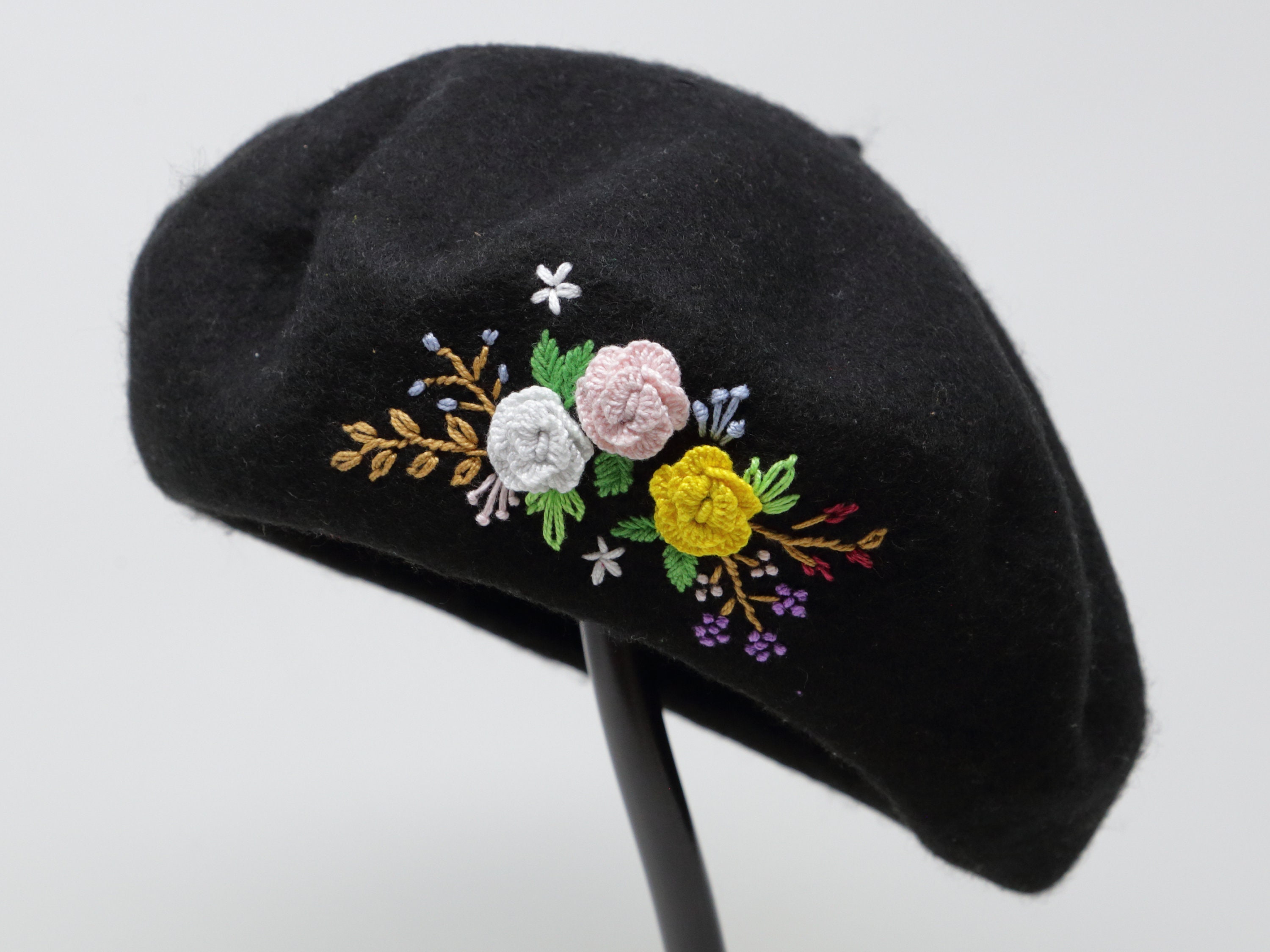 Beret Hat, Flower Hat, Wool Beret, Hand Embroidered Hat