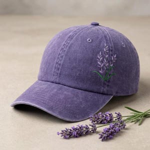 Lavendel Gestickte Lila Blaue Blume Baseballkappe, Gewaschener Baumwolle Sommerhut mit Geschwungener Krempe