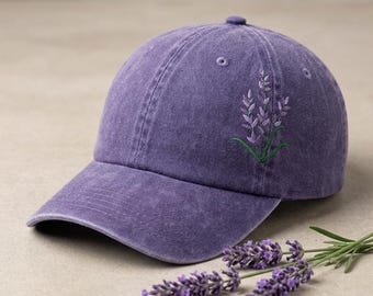 Baseballpet met lavendelblauwe geborduurde paarsblauwe bloem, gewassen katoenen zomerhoed met gebogen rand