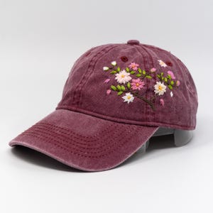 Wash Cotton Baseball Cap, Hand Embroidered Cherry Blossom Sakura Flower Hat, Curved Brim Baseball Hat, Red Colorful Summer Cap