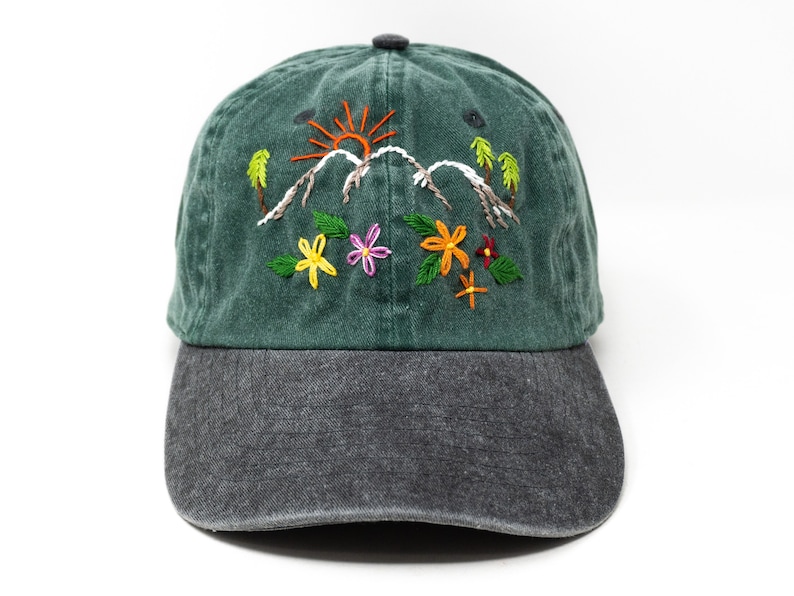 Hand Embroidered Mountain Flower Trees 2 Tone Green Beige Wash cotton Baseball Cap Summer Sun Hat Green black