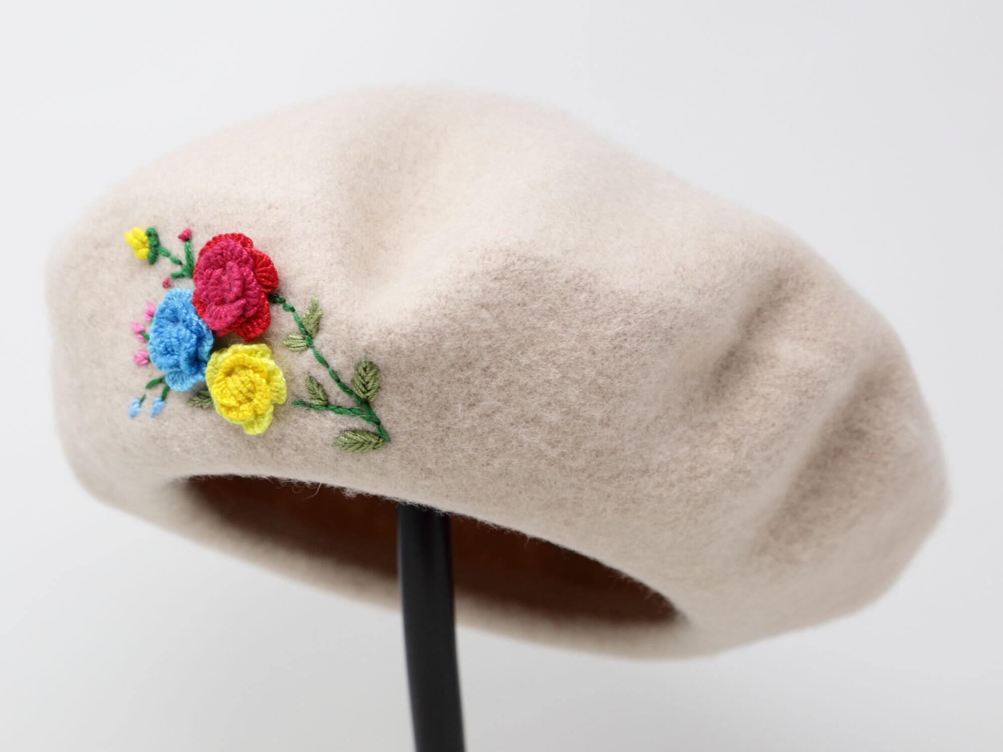 100% Wool Beret Hat, Large Handmade Hand Embroidered Flower