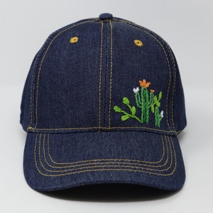 Cute Cactus Hand Embroider Trucker Cap, Demin Jean Baseball Cap Summer Hat, Navy Blue Demin Dad Cap image 3