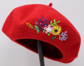 5827 Women Classic French Beret Lady Vintage Rose Embroidery Floral Wool Women Classic French Beret Lady Vintage Rose Embroidery  main image 4