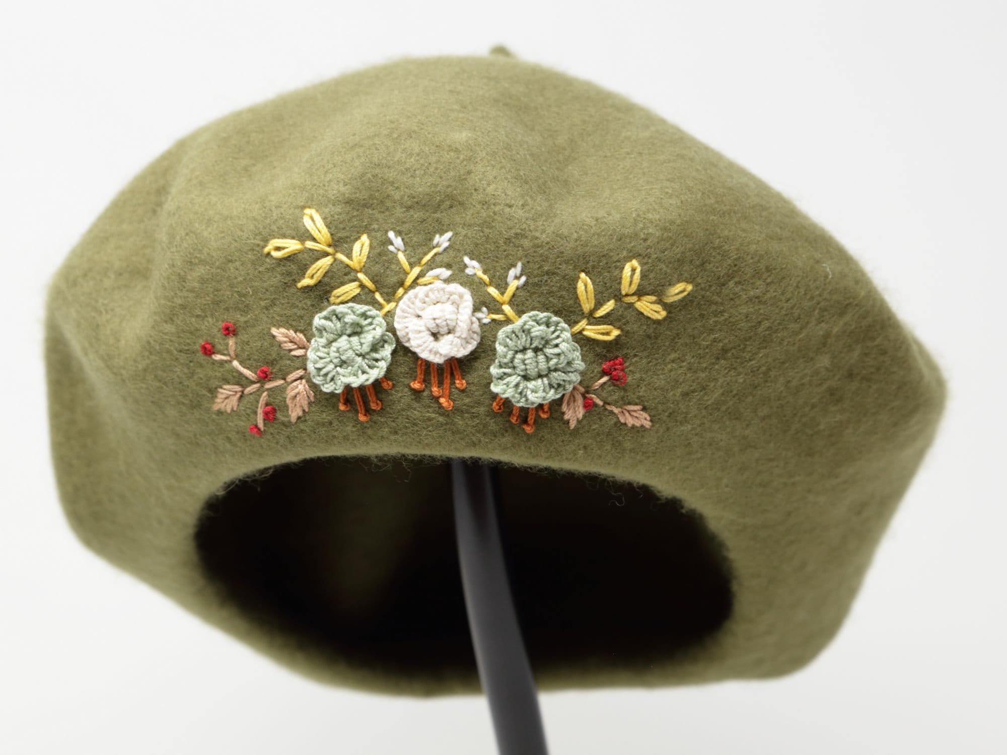 100% Wool Beret Hat, Large Handmade Hand Embroidered Flower