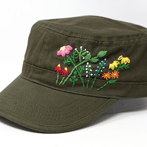 Wash Cotton Hand Embroidered Flower Cadet Flat Cap, Colorful Military Patrol Hat, 100% Cotton Curve Brim Flower Cadet, Summer Sun Hat