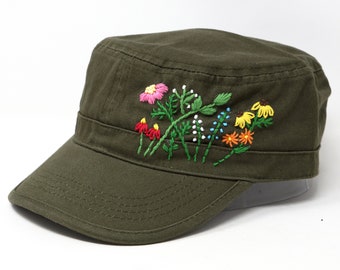 Wash Cotton Hand Embroidered Flower Cadet Flat Cap, Colorful Military Patrol Hat, 100% Cotton Curve Brim Flower Cadet, Summer Sun Hat