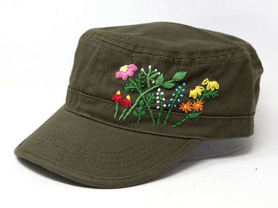 Wash Cotton Hand Embroidered Flower Cadet Flat Cap, Colorful
