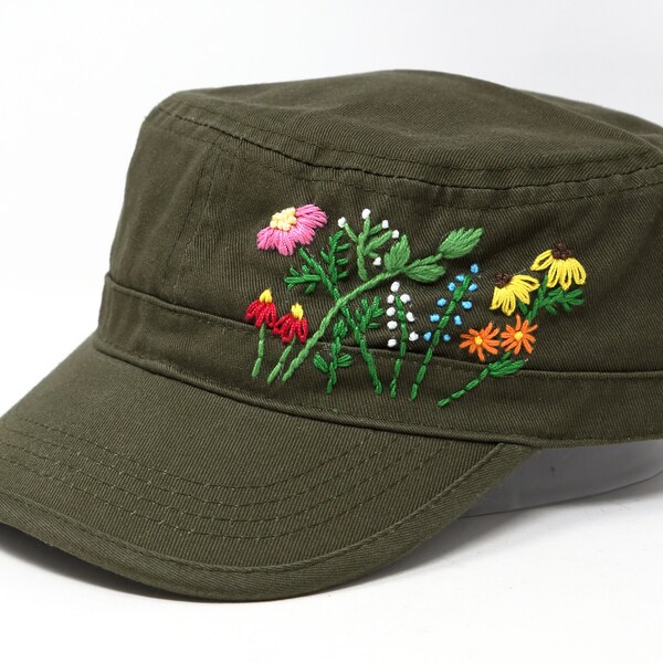 Casquette plate en coton brodé à la main de cadets de fleurs, chapeau de patrouille militaire coloré, cadet de fleurs à bord incurvé 100 % coton, chapeau de soleil d'été