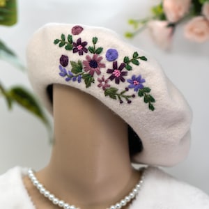Flower Embroidered Wool French Beret Off White | Women’s Floral Boho Beret | Parisian Style Hat
