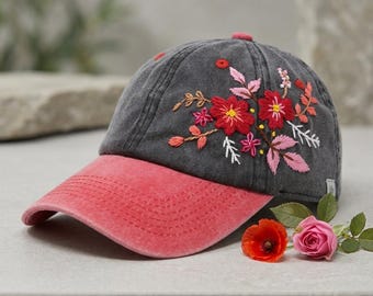 Casquette en coton délavé, Casquette avec fleurs brodées à la main, Casquette de baseball à bord incurvé 2 tons, Casquette d'été noir rouge