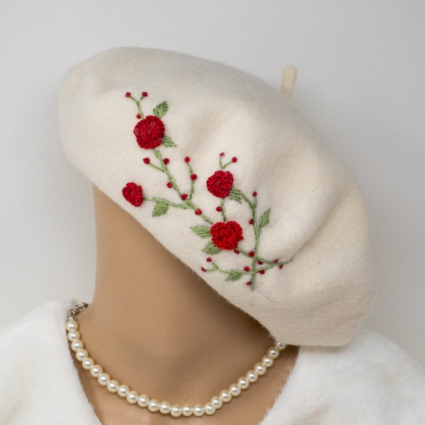 Handmade Rose Floral Embroidery Cream White Wool Beret - Women's Bohemian Accessory - French Inspired Hat - Unique Gift