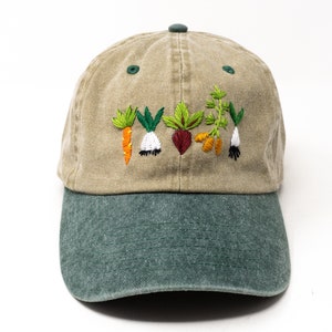 Hand Embroidered Mixed Vegetable Vege Garden Baseball Hat, Curved Brim Baseball Hat, Colorful Sun Summer Cap 2 tone green