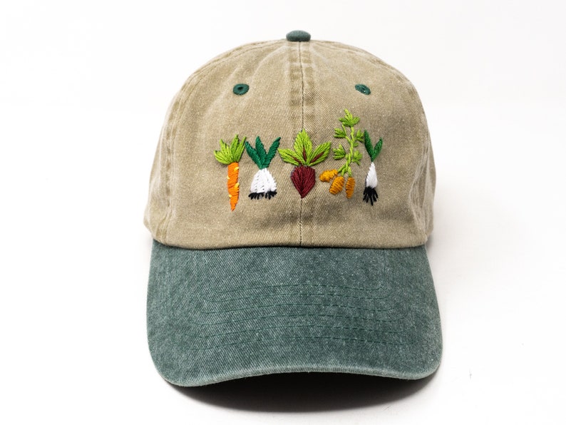 Hand Embroidered Mixed Vegetable Vege Garden Baseball Hat, Curved Brim Baseball Hat, Colorful Sun Summer Cap 2 tone green