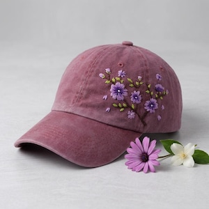 Wash Cotton Baseball Cap, Hand Embroidered Purple Flower Hat, Curved Brim Baseball Hat, Grey Colorful Summer Cap