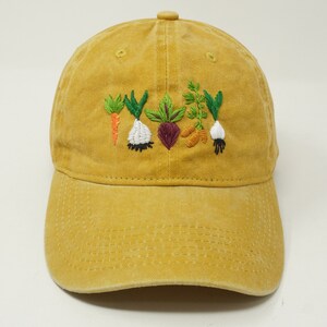 Hand Embroidered Mixed Vegetable Vege Garden Baseball Hat, Curved Brim Baseball Hat, Colorful Sun Summer Cap Yellow