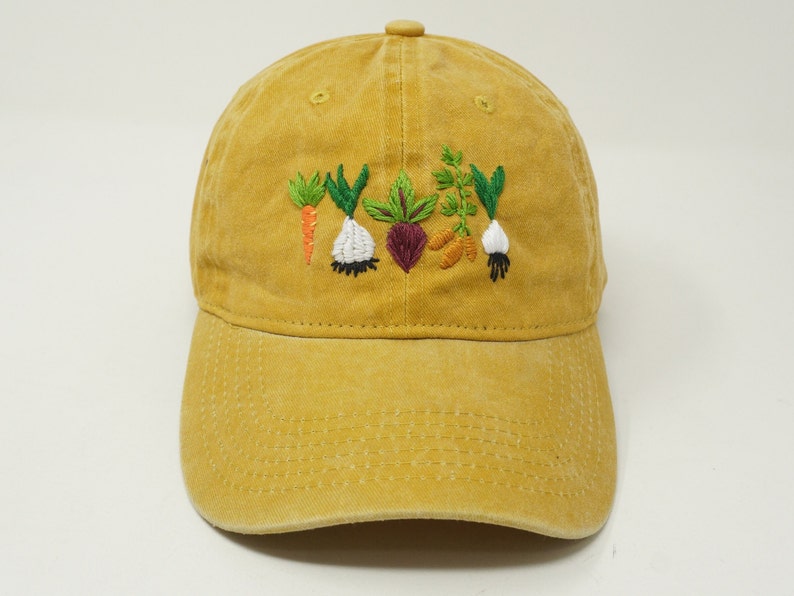 Hand Embroidered Mixed Vegetable Vege Garden Baseball Hat, Curved Brim Baseball Hat, Colorful Sun Summer Cap Yellow