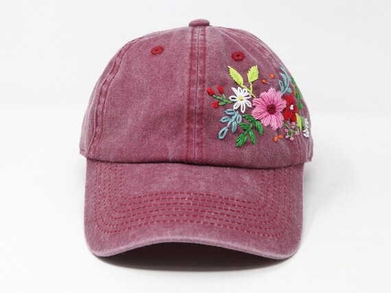 Garden Baseball Hat with Floral Pattern 100% Cotton Hand Wash Hand Embroidered Flower Garden Washed Cotton Baseball Cap  main image 2