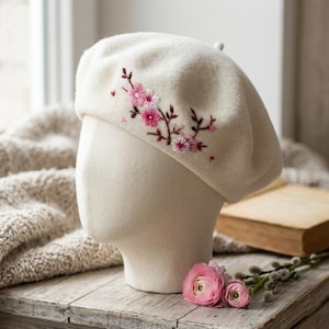 Hand Embroider Cherry Blossom Wool Beret Hat, 100% Wool French Cap, Warm Winter Hat for Women