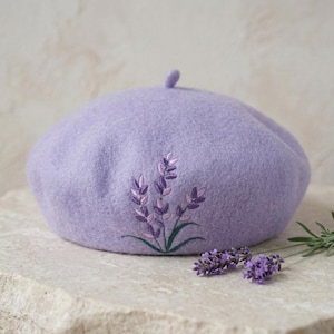 Berretto in lana ricamato, berretto invernale in lana viola lavanda, berretto francese in lana al 100%