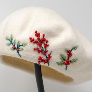 Handmade Hand Embroidered Cream White X-mas Christmas Theme Bead Flower 100% Wool Beret Hat, Warm Winter French Cap Cute