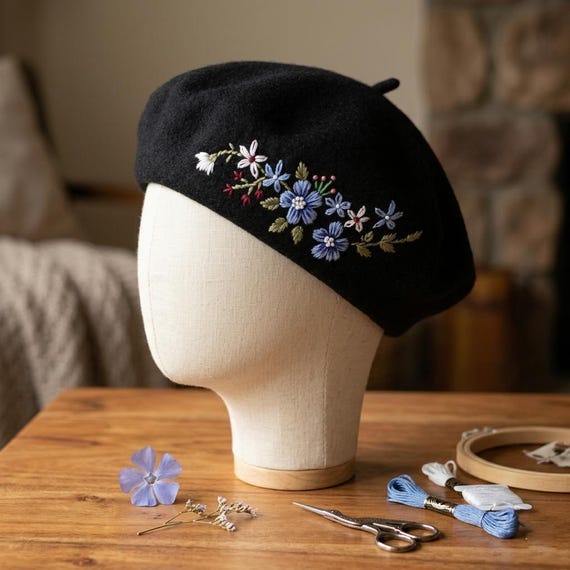 Women\'s French Style Flower Knitted Embroidery Beret Hats Navy Blue 71KuXOrAJvL._AC_SL1500_.jpg main image 2