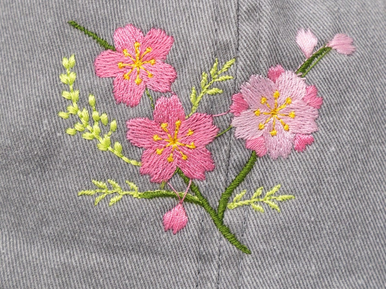 Flower Embroidered Cherry Blossom Sakura Baseball Cap, Washed Cotton Curve Brim Summer Hat Grey image 4