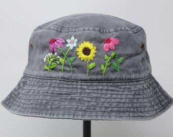 Washed Cotton Bucket Hat Foldable, Hand Embroidered Sunflower Cap, Short Brim Grey Bucket Hat, Camping Hiking Fishing,