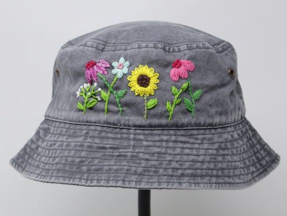 Washed Cotton Bucket Hat Foldable, Hand Embroidered 