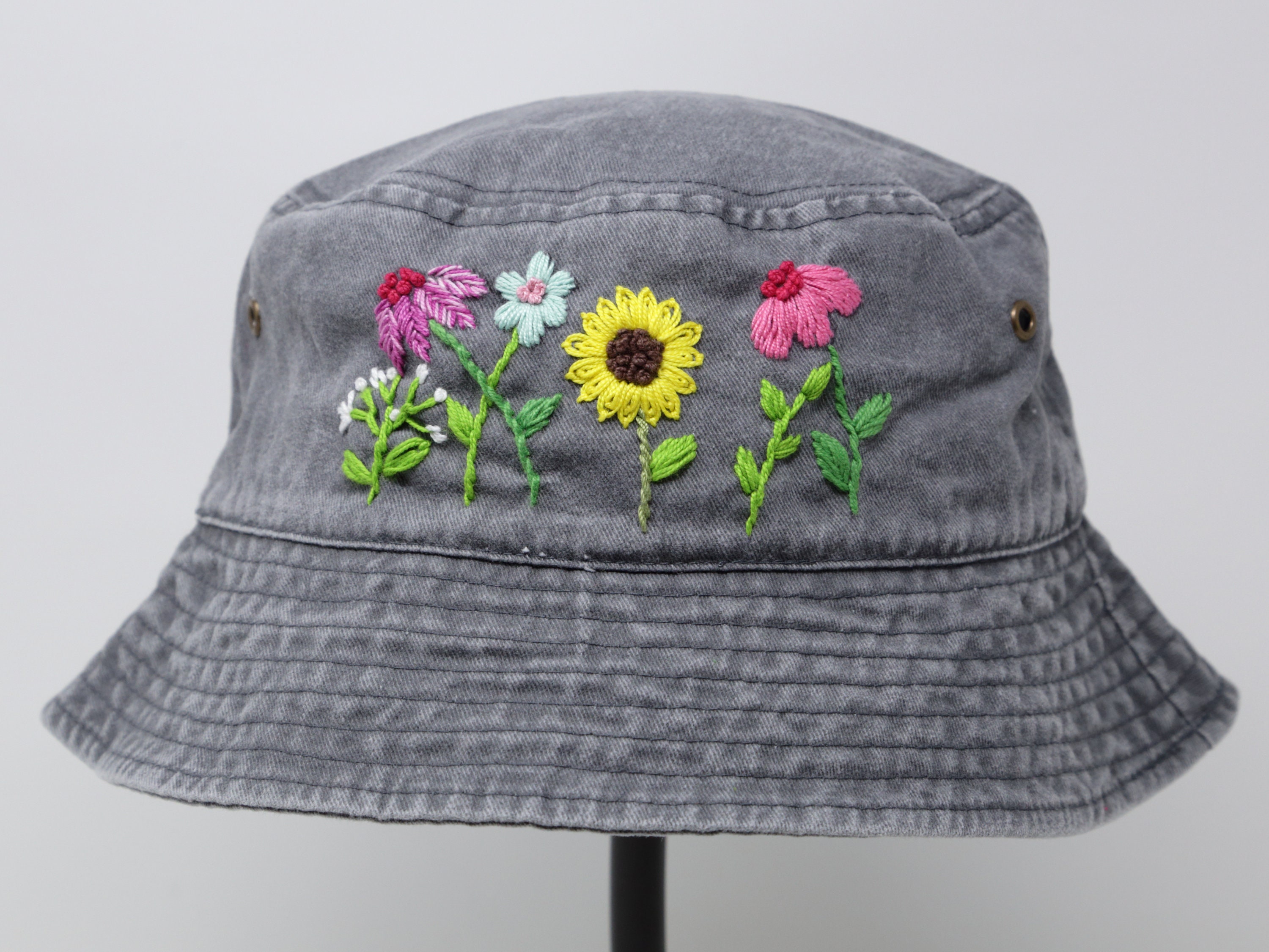 Cotton Bucket Hat Embroidered Flat Top Foldable Unisex Washed Cotton Bucket Hat Foldable, Hand Embroidered  main image 4