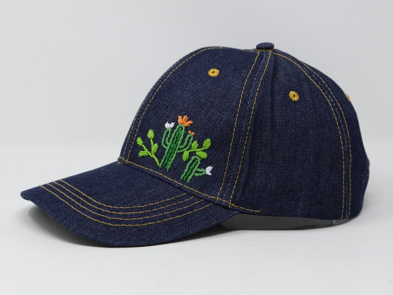 Cute Cactus Hand Embroider Trucker Cap, Demin Jean Baseball Cap Summer Hat, Navy Blue Demin Dad Cap image 2