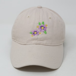 Cute Purple Flower Embroidered Baseball Hat, 100% Cotton Curve Brim Dad Cap Summer Hat