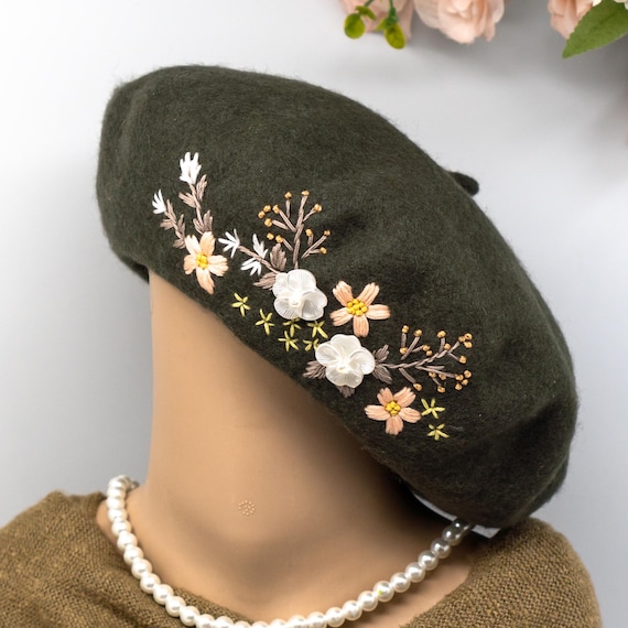 Handmade Classy Olive Wool Beret With Mute Flower Embroidery  display picture 2