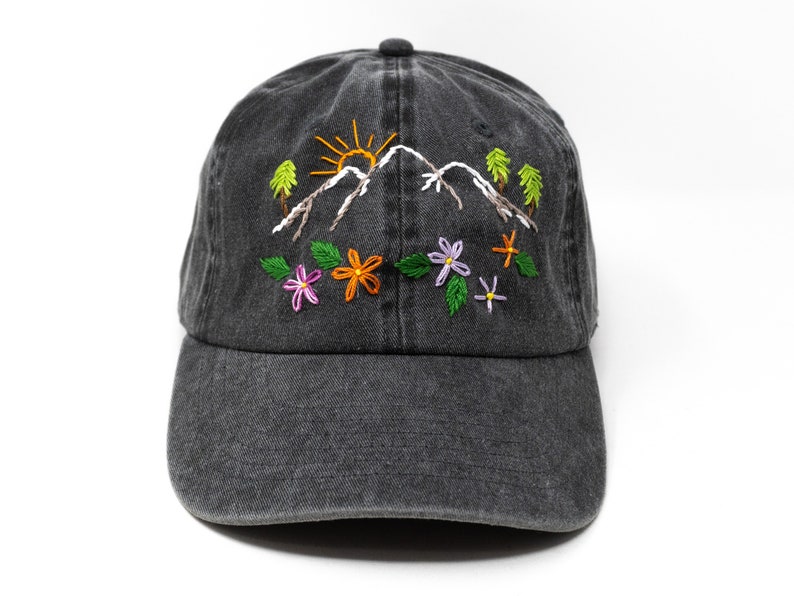 Hand Embroidered Mountain Flower Trees 2 Tone Green Beige Wash cotton Baseball Cap Summer Sun Hat Black