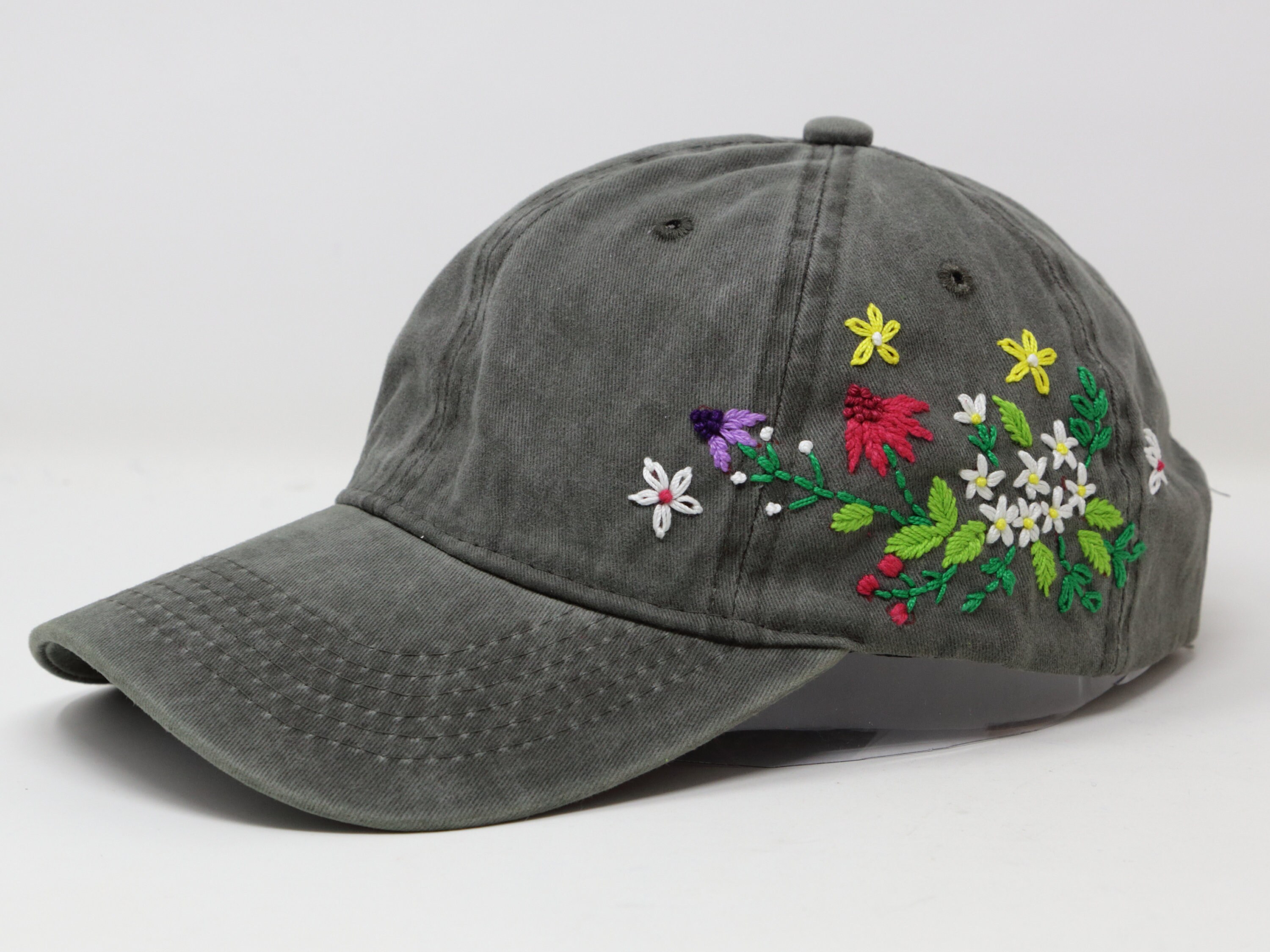 Wash Cotton Baseball Cap, Hand Embroidered Flower Hat, Curved Brim 