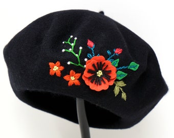 100% Wool Beret Hat, Large Handmade Hand Embroidered Flower
