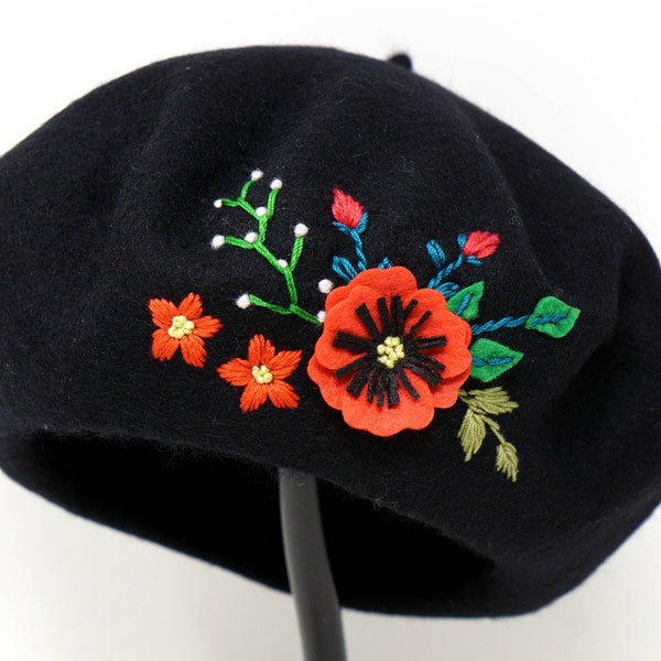 100% Wool Beret Hat, Handmade French Cap Red Poppy Flower Hand Embroidered Felt Stitch Black Beret Hat