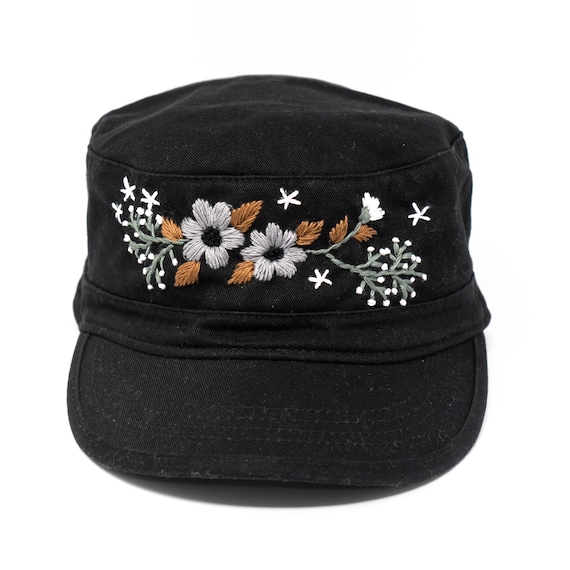 Hand Embroidered Floral Plant Cadet Patrol Flat Hat Black 