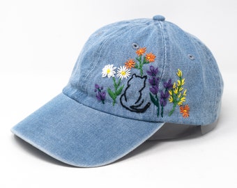 Petals & Kitten: Hand-Stitched Flower Demin Blue Baseball Hat with Cute Black Cat Design