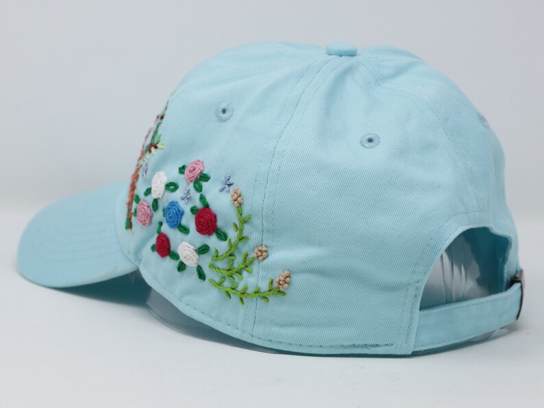Handgestickte Baseballmütze, einzigartige Stickerei-Blumen-Hut, gebogene Krempe Baumwoll-Baseball-Hut, Sonnenhut-Sommermütze im Freien Bild 5