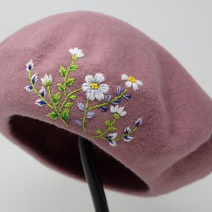 Unique Hand Embroidered Flower Daisy Beret Cap, Warm Winter Pink French Hat, Handmade Flower Hat