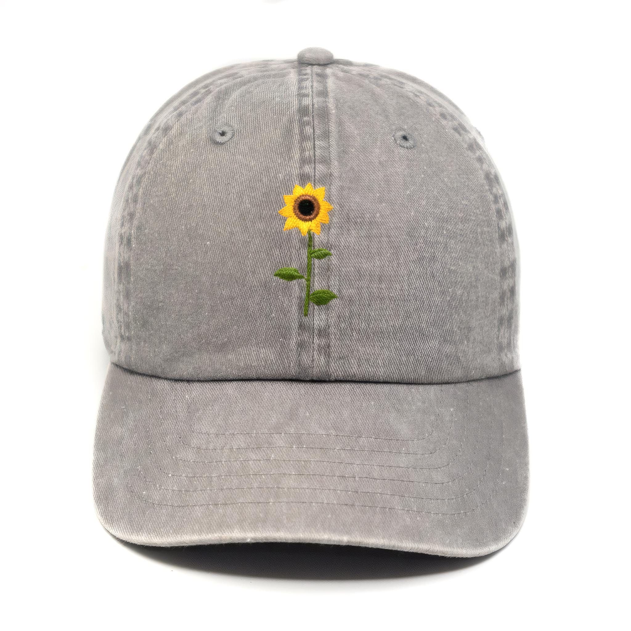 Sunflower Embroidered Flower Baseball Cap, Washed Cotton Curve