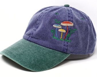 Rainbow Mushroom Family Embroidered Baseball Cap, Washed Cotton Curve Brim Summer Hat