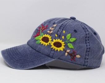 Hand Embroidered Black Cap, Custom Floral Cap, Red Poppy