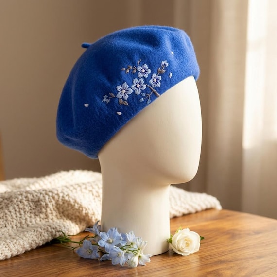 Women\'s French Style Flower Knitted Embroidery Beret Hats Navy Blue 71KuXOrAJvL._AC_SL1500_.jpg main image 3