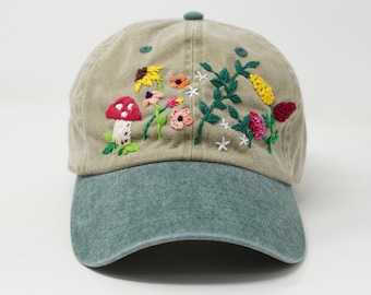 Hand Embroidered Mushroom Flower Hat Cap, Wash Cotton Baseball Cap, 2 Tone Curved Brim Baseball Hat, Navy Green Summer Cap