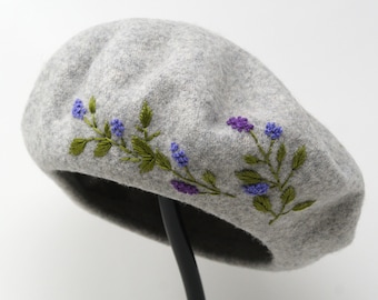 100% Wool Beret Natural Gray, Hand Embroidered Floral Flower Lavender Winter Beret Hat, Warm High Quality Wool Cabbie