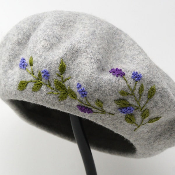 100% Wool Beret Natural Gray, Hand Embroidered Floral Flower Lavender Winter Beret Hat, Warm High Quality Wool Cabbie