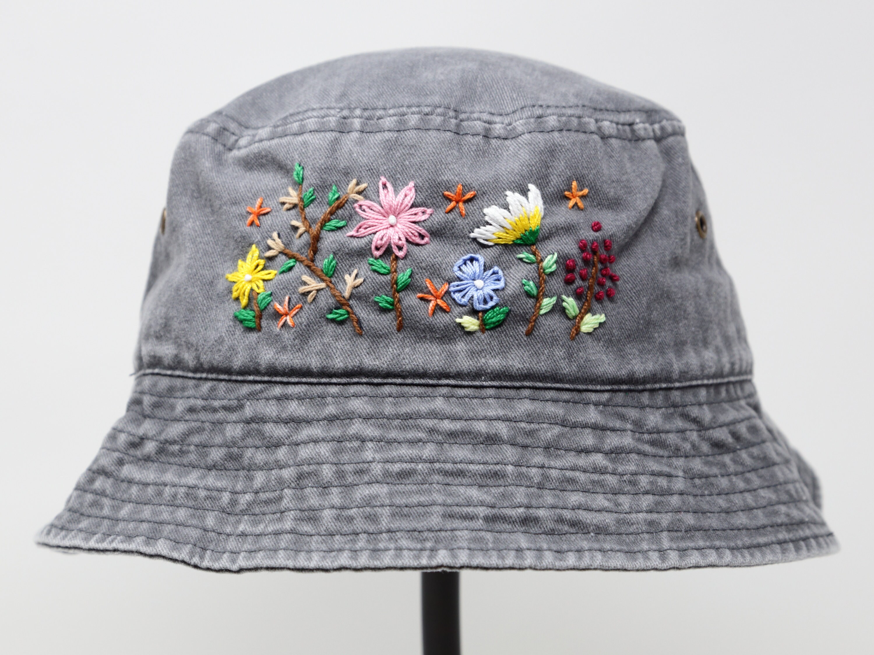 Washed Cotton Floral Bucket Hat, Hand Embroidered Star Rose  display picture 3