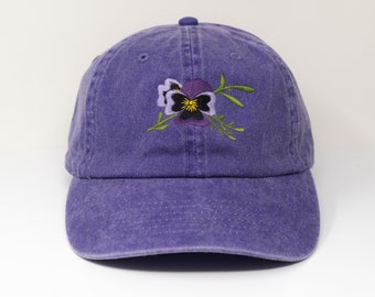 Pansy Flower Embroidered Baseball Cap, Floral Theme Wash Cotton Baseball Hat, Summer Sun Hat Black